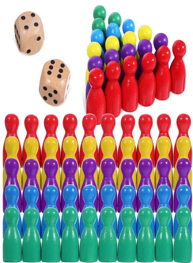 TOPPERFUN 50Pcs Wooden Pawns, Multicolor Board Game Pawn Pieces, Checkers and Ludo Board Game Accessories with 2 Dice, 10 of Each Color - Image 1